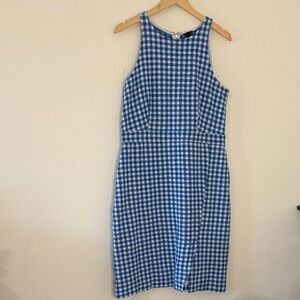 Ann Taylor Blue Gingham Sleeveless Sheath Midi Dress Preppy Twee Cottage 12 Tall